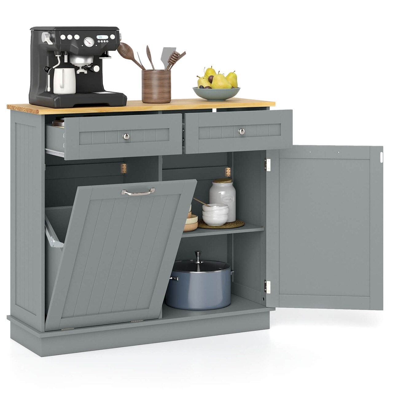 Costway Wooden Kitchen Trash Cabinet Tilt Out Bin Holder w/ Drawer & Storage Shelf Black/White/Coffee/Gray